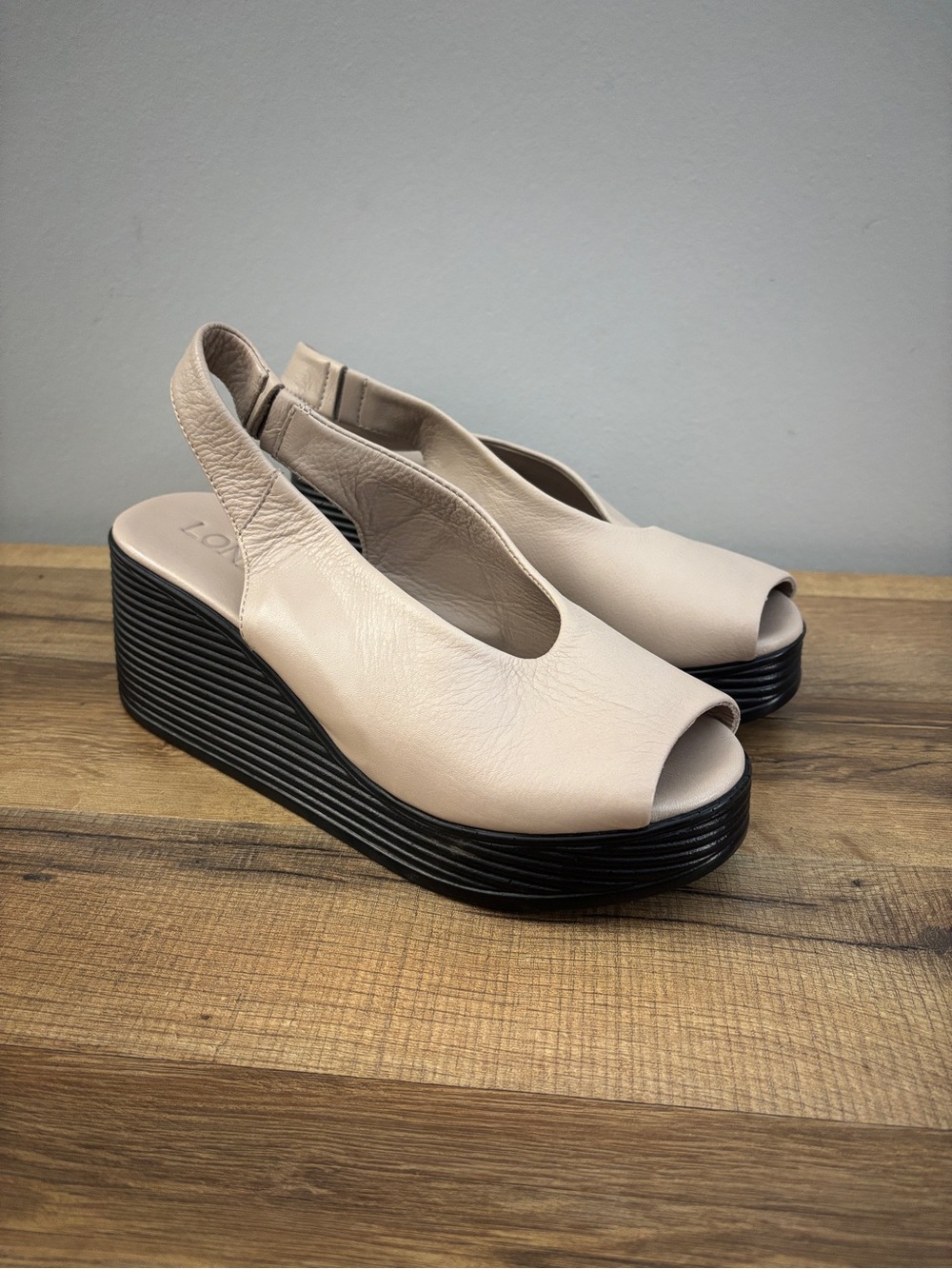 Lonza Black Sand Leather Slingback Platform Wedge Sandals Beige Women’s NEW